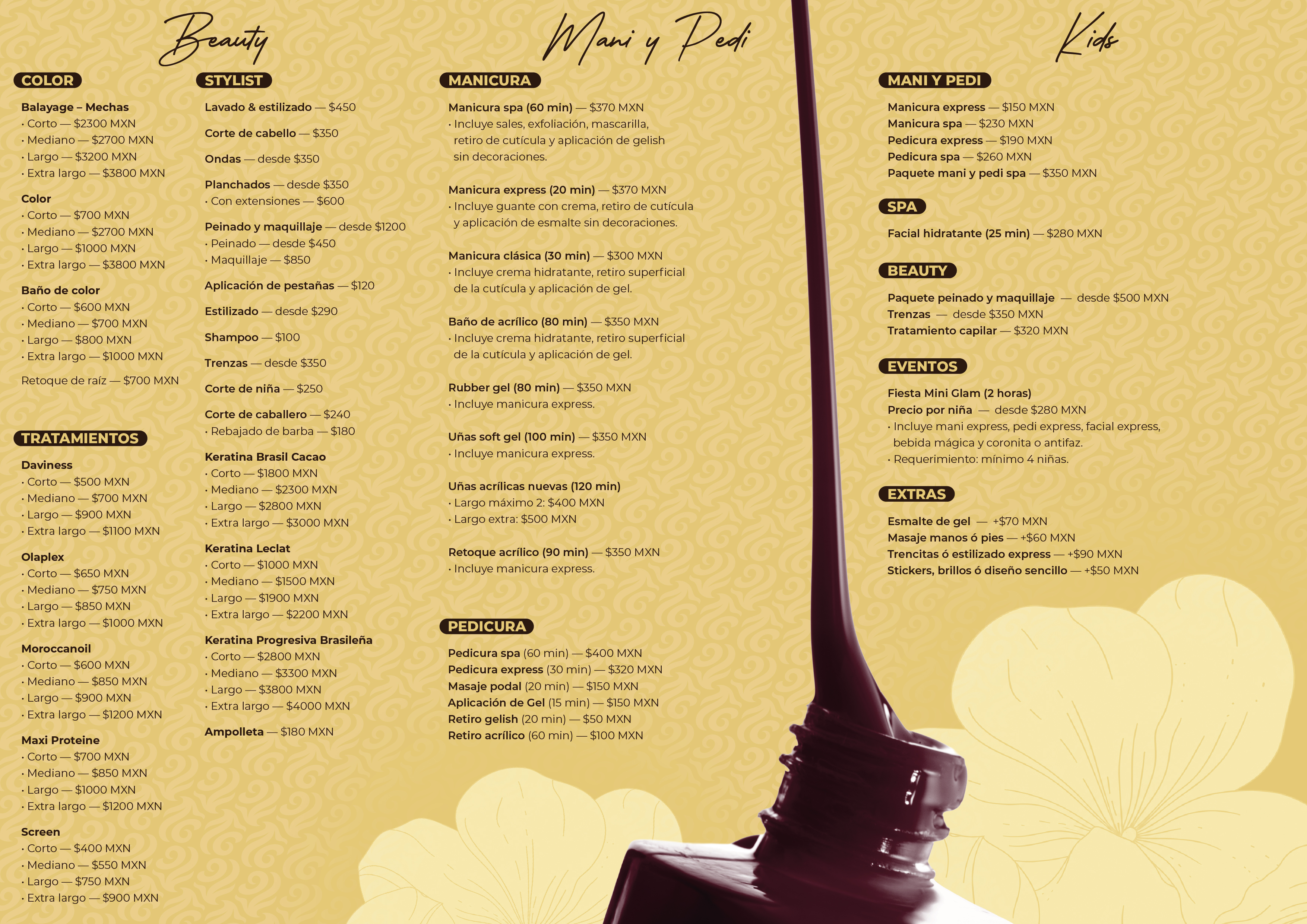 Menu de servicios Pretty Rose - Retiro